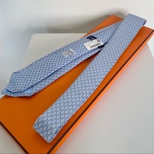 Hermes Silk Tie 7cm Les Dents d'Hermes Twillbi Ciel/Gris